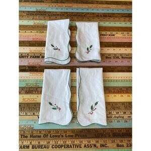 Vintage Christmas Napkins Cloth Set 4 Red Holly Poinsettia Cotton Retro